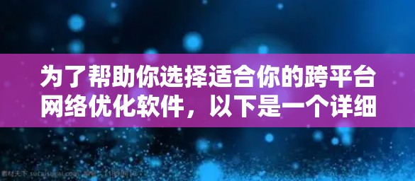 为了帮助你选择适合你的跨平台网络优化软件,以下是一个详细的指南,基于你的思考过程和需求进行的分析和总结 为了帮助你选择适合你的跨平台网络优化软件,以下是一个详细的指南,基于你的思考过程和需求进行的分析和总结